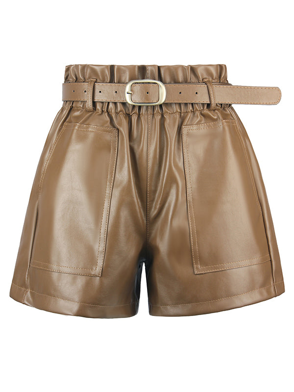 xakxx Simple Wide Leg Solid Color PU Shorts Bottoms