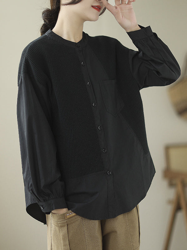 xakxx Long Sleeves Loose Asymmetric Buttoned Pockets Split-Joint Round-Neck Blouses&Shirts Tops