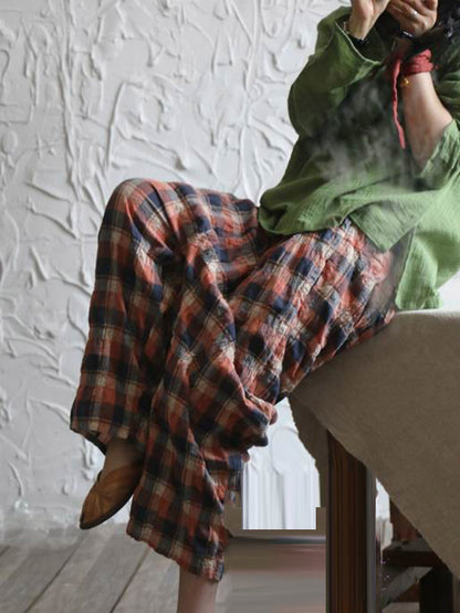 xakxx Casual Ramie Cotton Plaid Wide Leg Loose Pants