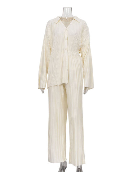 xakxx xakxx-Urban Loose Pleated Solid Lapel Collar Blouses Tops & Wide Leg Pants Two Pieces Set