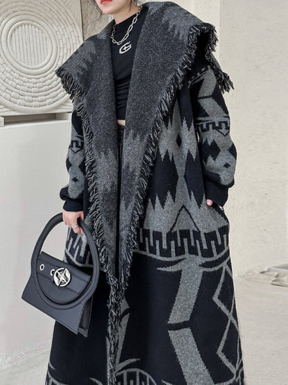 xakxx Long Sleeves Loose Contrast Color Tasseled Lapel Cardigan Coats