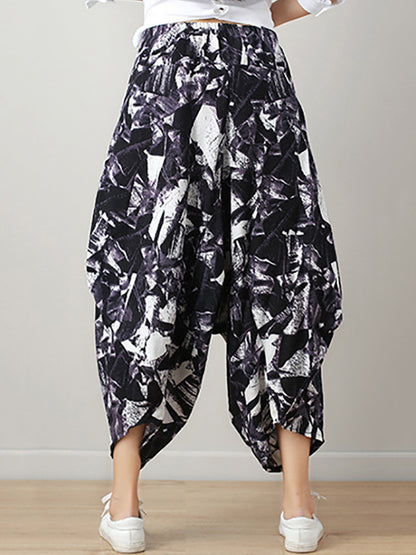 xakxx Artistic Retro Ramie Cotton Original Printed Elasticity Harem Pants