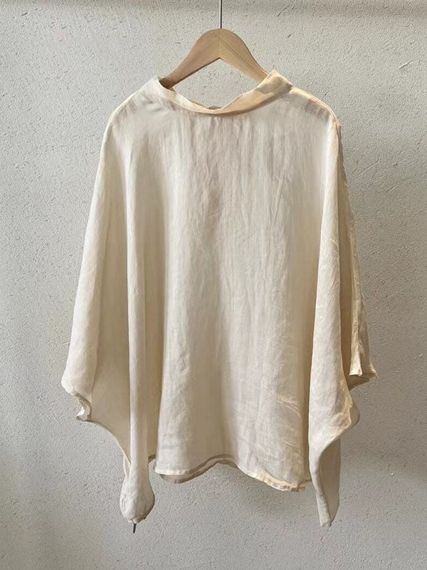 xakxx Batwing Sleeves Loose Lace-Up See-Through Solid Color Stand Collar Shirts Tops