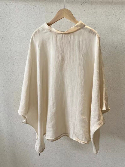 xakxx Batwing Sleeves Loose Lace-Up See-Through Solid Color Stand Collar Shirts Tops