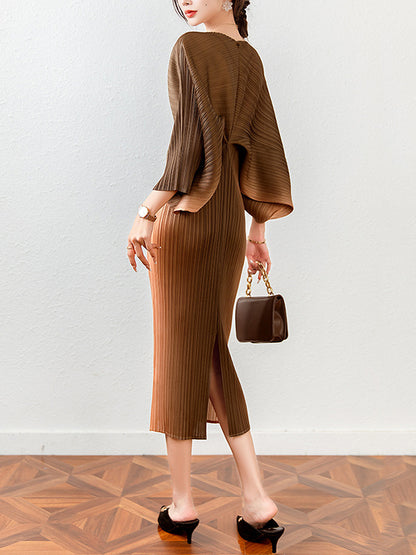 xakxx Fashion Loose Batwing Sleeves Gradient Pleated Midi Dress