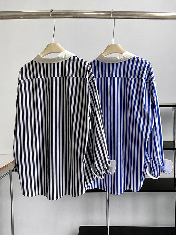 xakxx Simple Long Sleeves Contrast Color Striped Lapel Blouse Top