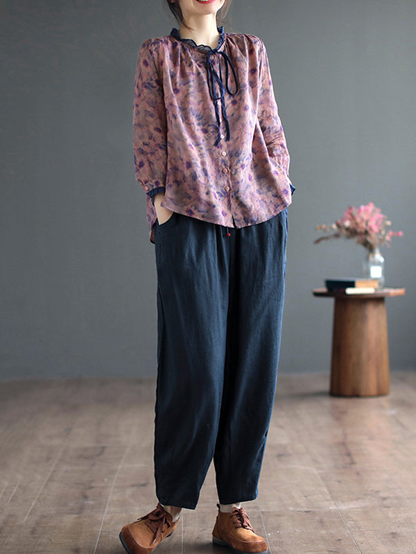 xakxx Long Sleeves Loose Floral Printed Lace-Up Round-Neck Blouses&Shirts Tops