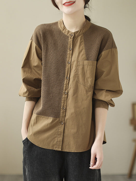 xakxx Vintage Long Sleeves Loose Split-Joint Round-Neck Blouses&Shirts Tops