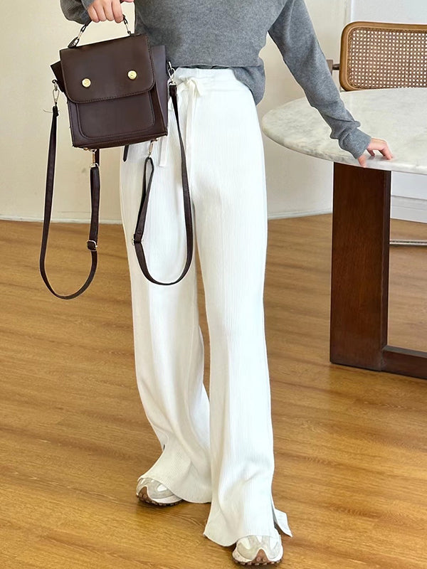 xakxx High Waisted Loose Drawstring Solid Color Split-Side Velvet Pants Trousers