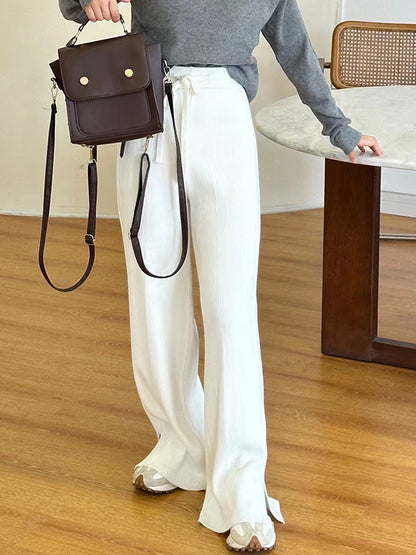 xakxx High Waisted Loose Drawstring Solid Color Split-Side Velvet Pants Trousers