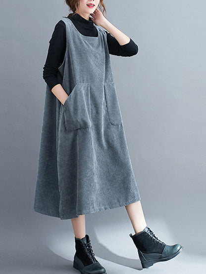 xakxx Corduroy Sleeveless Split-Joint Round-Neck Midi Dress