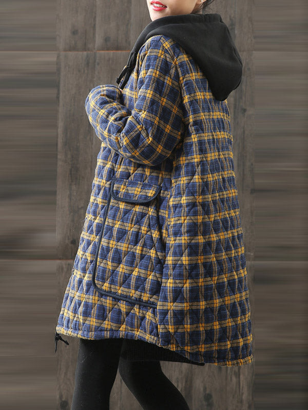 xakxx Vintage Loose Plaid Quilted Hooded Padded Coat