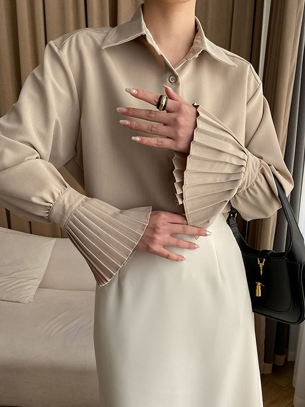 xakxx Flared Sleeves Solid Color Lapel Blouses&Shirts Tops
