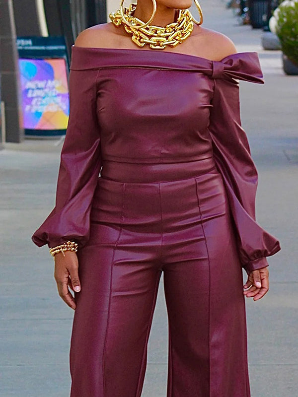 xakxx Long Sleeves Puff Sleeves Asymmetric Knot Solid Color Off-The-Shoulder Shirts Top + Pants Bottom Two Pieces Set