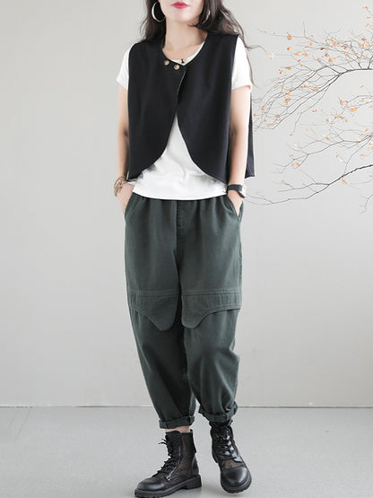 xakxx Artistic Retro Loose Sleeveless Solid Color Round-Neck Vest Outerwear