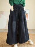 xakxx Loose Wide Pants Elasticity Pleated Flared Trousers Jean Pants Bottoms
