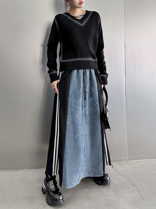 xakxx A-Line Loose Contrast Color Drawstring Split-Joint Striped Skirts Bottoms