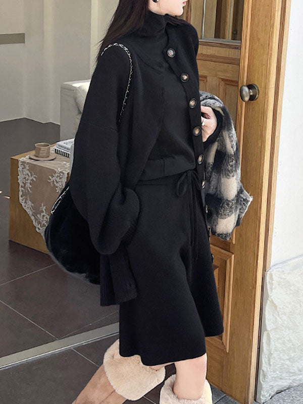 xakxx Long Sleeves Loose Buttoned Round-Neck Sweater Top + Drawstring Shorts Bottom Two Pieces Set