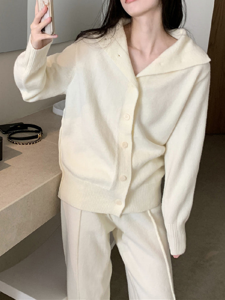 xakxx Urban Loose  Solid Color Cardigan Tops & Wide Leg Split-Front Pants Suits