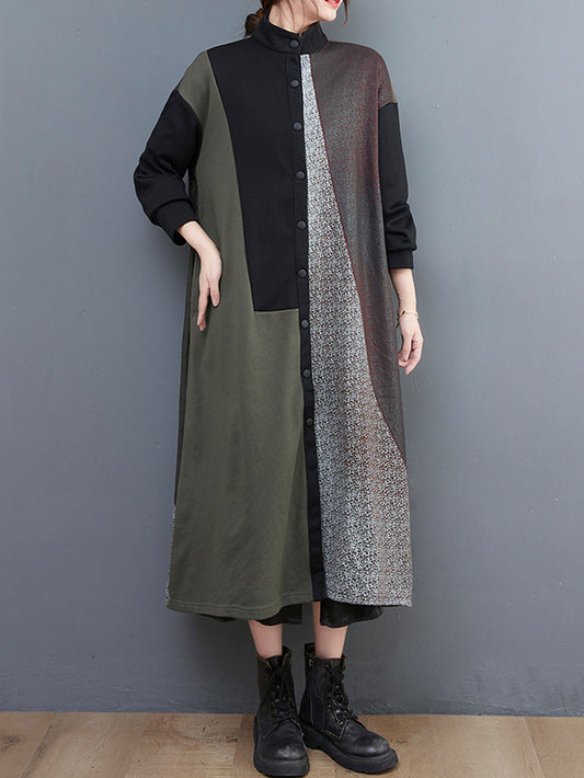 xakxx Vintage Loose Contrast Color Split-Joint Stand Collar Midi Dresses