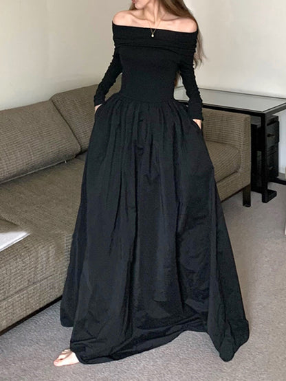 xakxx Long Sleeves Pleated Solid Color Split-Joint Off-The-Shoulder Maxi Dresses