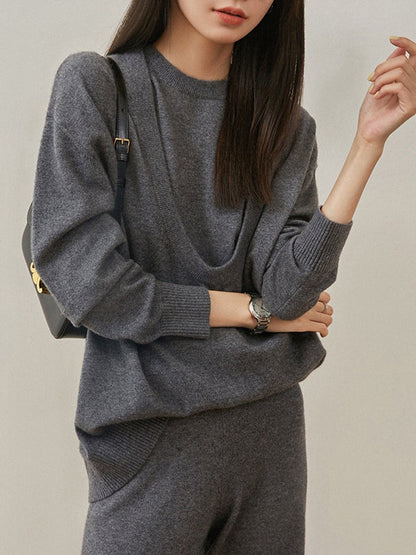 xakxx xakxx-Urban Loose Solid Round-Neck Vest Top& V-Neck Sweater Tops& Wide Leg Pants Three-Piece Set