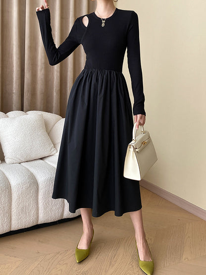 xakxx A-Line Long Sleeves Elasticity Hollow Solid Color Split-Joint Round-Neck Midi Dresses