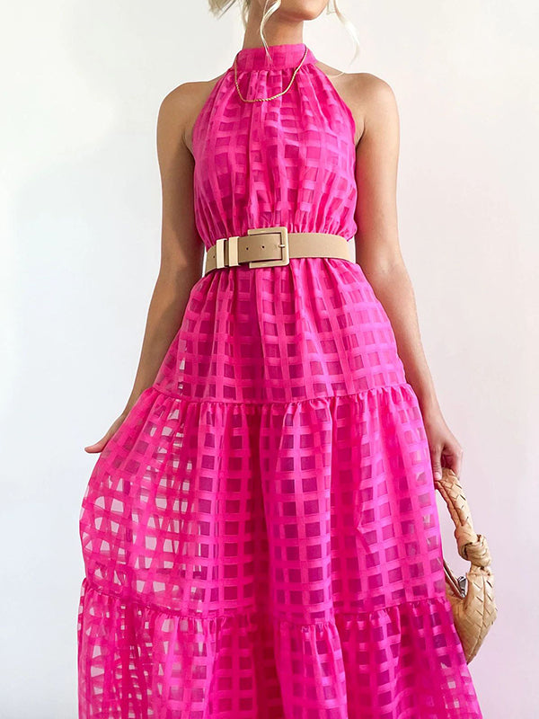 xakxx Loose Sleeveless Plaid Ribbed Stand Collar Maxi Dresses
