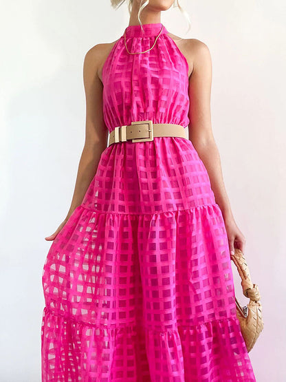 xakxx Loose Sleeveless Plaid Ribbed Stand Collar Maxi Dresses