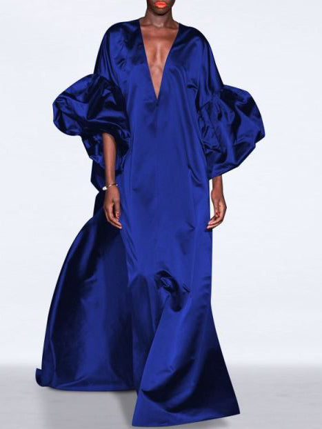 xakxx Loose Puff Sleeves Solid Color V-Neck Maxi Dresses