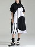 xakxx Loose Short Sleeves Asymmetric Contrast Color Split-Joint Lapel Midi Dresses Shirt Dress