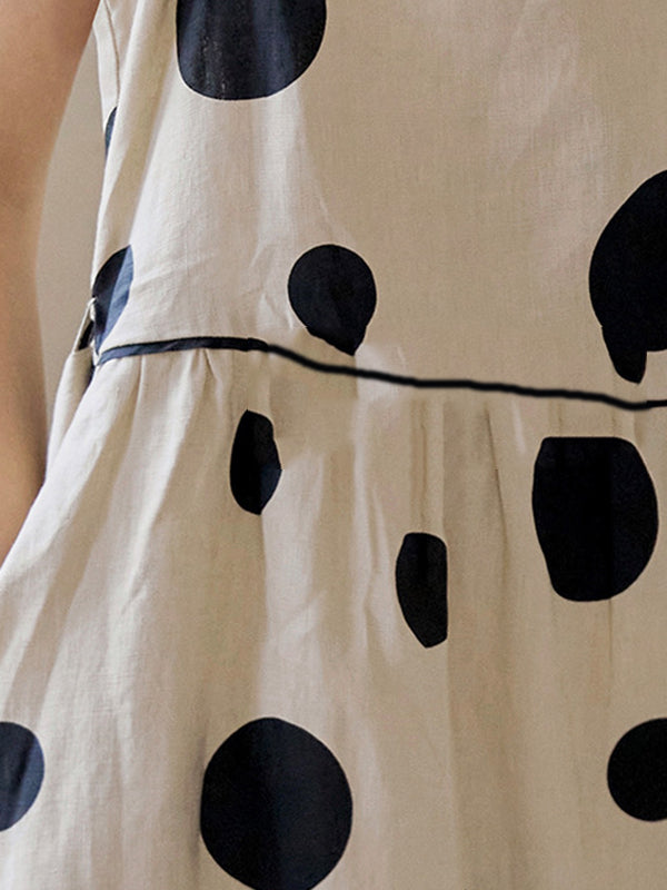 xakxx Loose Sleeveless Contrast Color Pleated Polka-Dot Split-Joint Tied Waist Round-Neck Midi Dresses