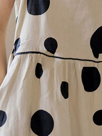 xakxx Loose Sleeveless Contrast Color Pleated Polka-Dot Split-Joint Tied Waist Round-Neck Midi Dresses