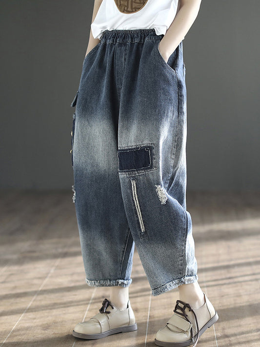 xakxx Vintage Hollow Elasticity Applique Ninth Jean Harem Pants Bottoms