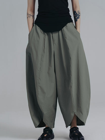 xakxx Simple Loose Elasticity Waist Wide Leg Solid Color Pants