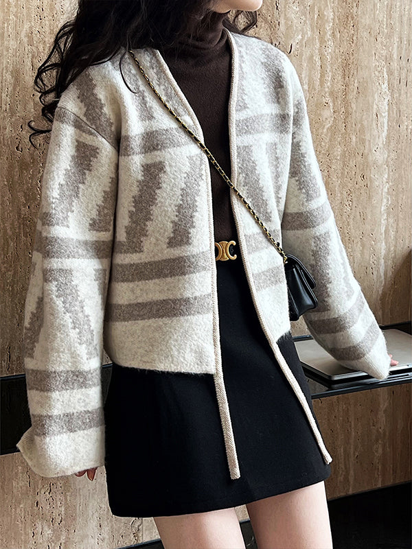 xakxx Long Sleeves Loose Contrast Color Printed Collarless Cardigan Tops