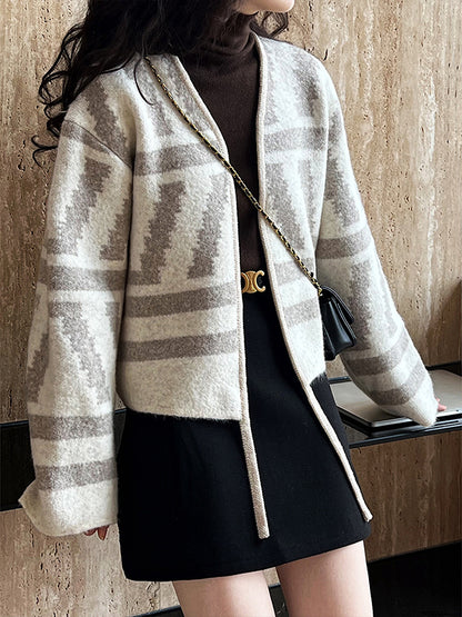 xakxx Long Sleeves Loose Contrast Color Printed Collarless Cardigan Tops