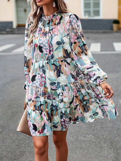 xakxx A-Line High Waisted Printed Split-Joint Tied Mock Neck Mini Dresses