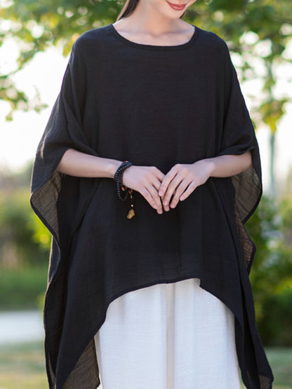 xakxx Half Sleeves High-Low See-Through Solid Color Round-Neck Blouses