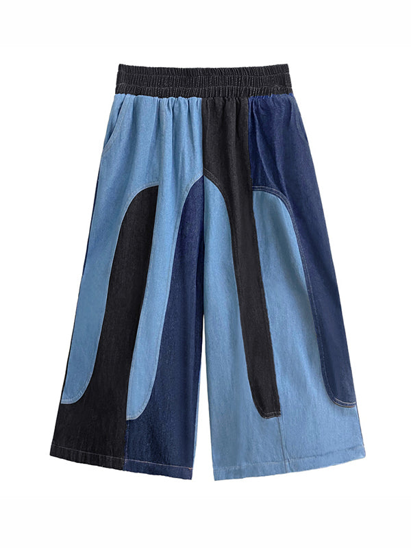 xakxx Loose Wide Leg Contrast Color Elasticity Split-Joint Jean Pants Bottoms
