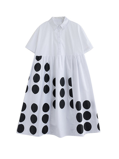 xakxx A-Line Loose Buttoned Pockets Polka Dot Printed Lapel Midi Dresses