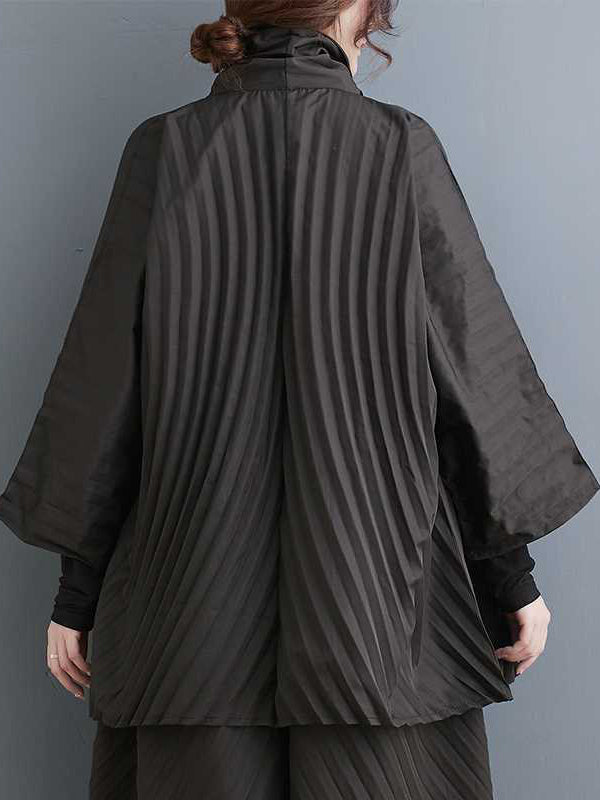 xakxx Long Sleeves Loose Buttoned Pleated Solid Color Stand Collar Shirts Top + Pants Bottom Two Pieces Set