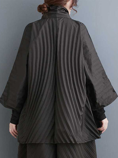 xakxx Long Sleeves Loose Buttoned Pleated Solid Color Stand Collar Shirts Top + Pants Bottom Two Pieces Set