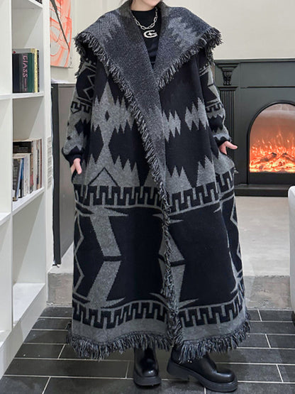xakxx Long Sleeves Loose Contrast Color Tasseled Lapel Cardigan Coats
