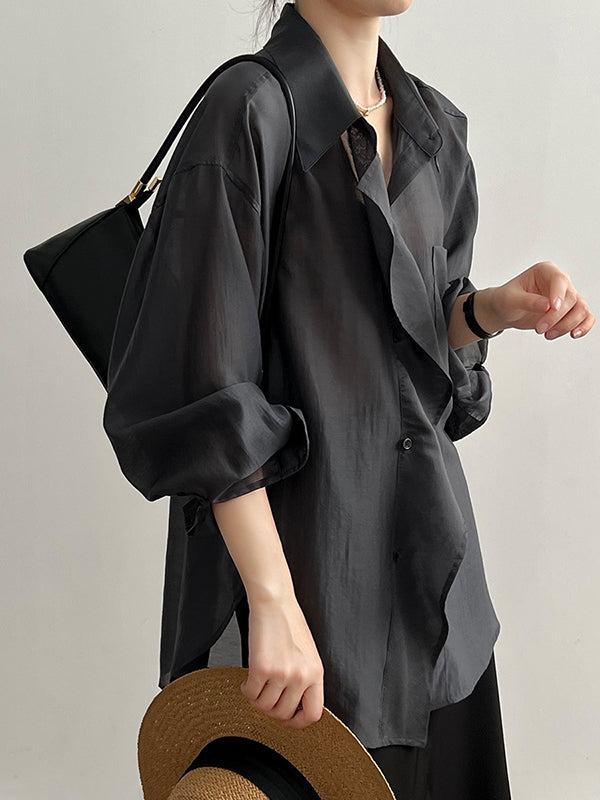 xakxx Irregular Clipping Long Sleeves Solid Color Lapel Blouses&Shirts Tops