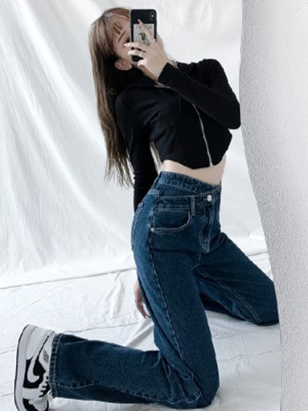 xakxx Casual High Waisted Denim Wide Leg Jean Pants