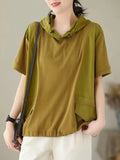 xakxx Loose Short Sleeves Solid Color Hooded T-Shirts Tops