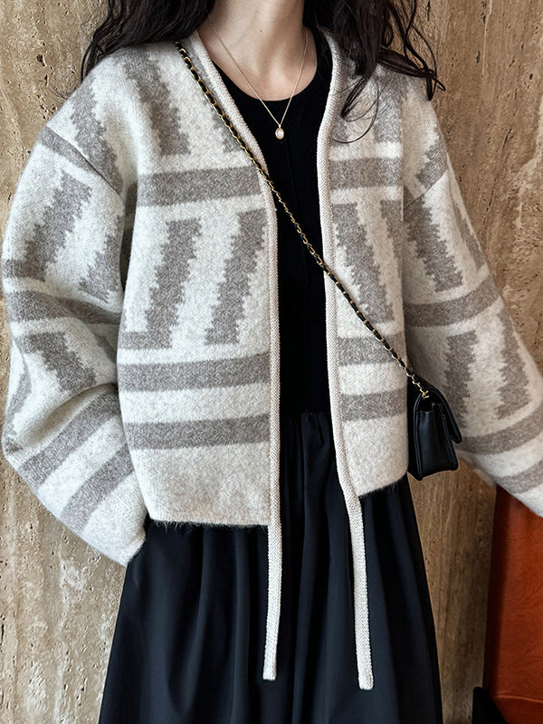 xakxx Long Sleeves Loose Contrast Color Printed Collarless Cardigan Tops