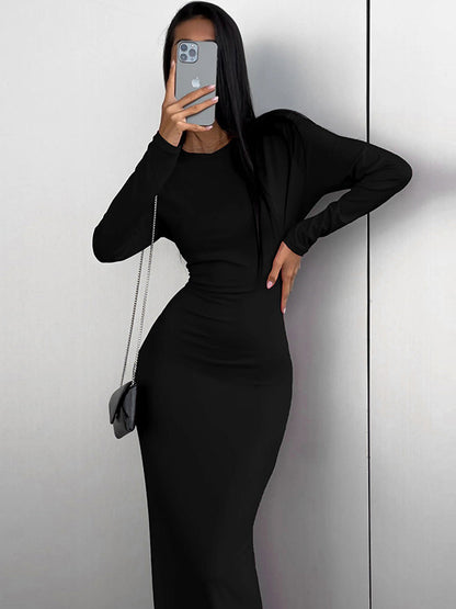 xakxx Bodycon Long Sleeves Solid Color Split-Side Round-Neck Maxi Dresses