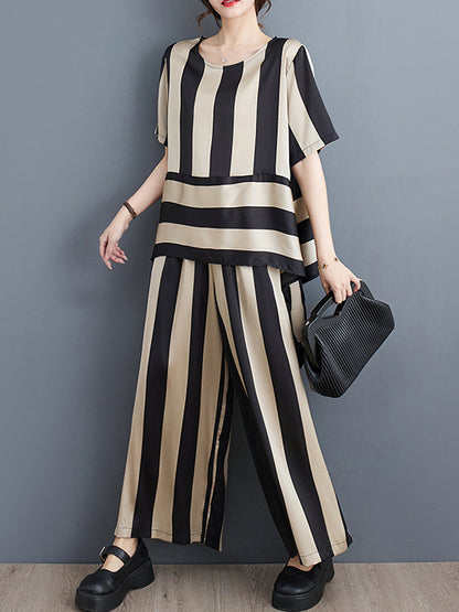 xakxx Irregular Clipping Loose Striped Round-Neck T-Shirt + Wide Leg Pants Two Pieces Set